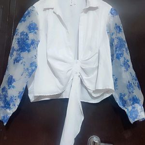 White Top Blue Floral Print Sleeves For 42 Bust