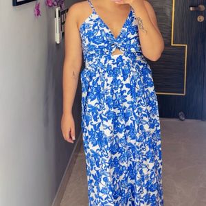 Blue Printed Dual Slit Maxi Dress