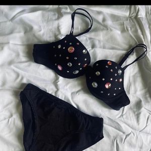 Black Embellished Padded Bra