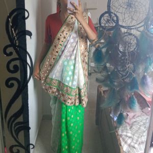 White And Green Heavy Saree