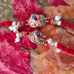 RAKHI With Red Beads, Pearls And Morpankh