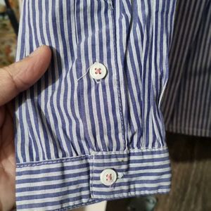 Blue Striped Chinese Collared Shirt For Women