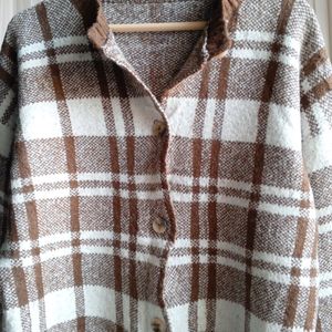 Brown Plaid Button Cardi