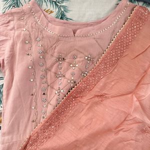 Peach Coloured Mirror Work Kurta With Heavy Dupata