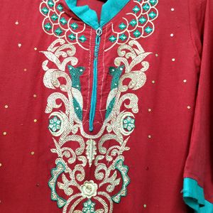 Embroidery Cotton Red kurti designer Rhinestone