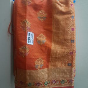 Very Beautiful Orange Color Saree With Blouse