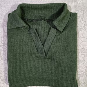 Olive Green Colour Slim Fit Top With Collar