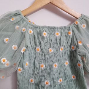 Shirred Daisy Embroidered Crop top