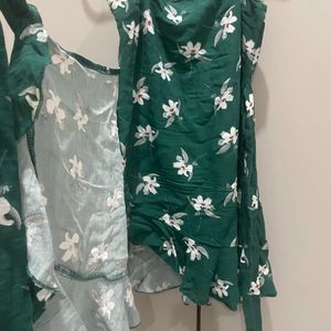 Dark Green And Floral Wrap Dress