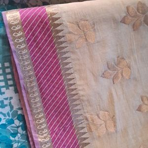 Beige Cotton Silk Saree with pink Border