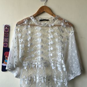 Embroidered Net Peasant Blouse