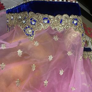 Pink Net Saree With Padded Navy Blue Blouse