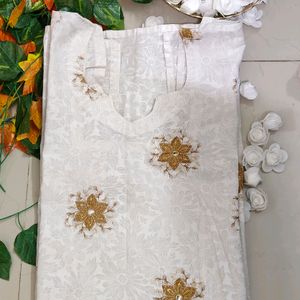 Straight White Kurti with Golden thread Motif Work