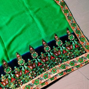 Green N Blue Colour Silk Saree 3d Embroidery