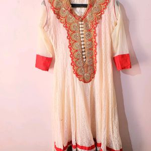 Off White-red Anarkali Kurta Set