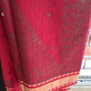 Deep Red Golden Printed Cotton Sari