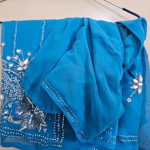 Sequin Blue Saree With Stitched Blouse