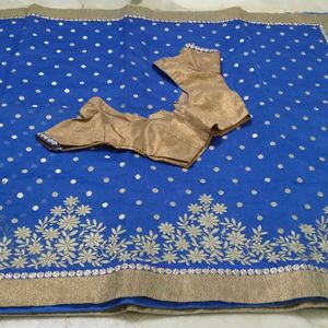 Blue Saree With Golden Blouse