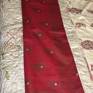 Deep Red Golden Printed Cotton Sari