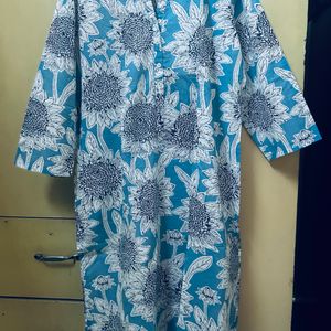 Light Blue Pure Cotton Kurti With Flower Print