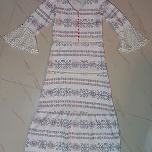 White Printed Bell Sleeves A- Line Dress