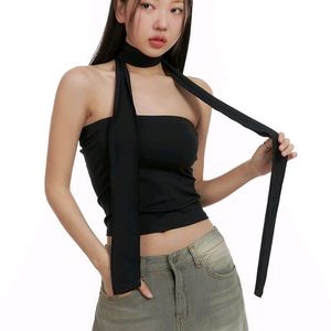 Black Lace Up Back Y2k Tube Top With Veil