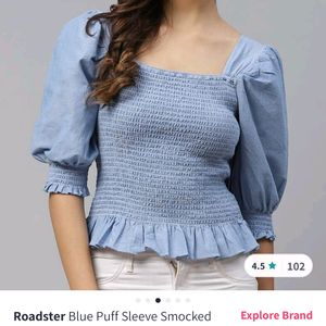 Blue Puff Sleeved Smocked Fitted Top By Roadster