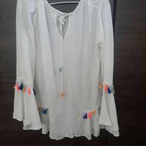 White Top Full Sleeve With Multi Colour Lace