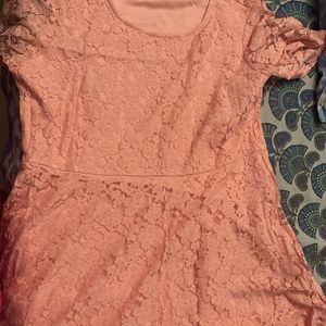 Knee Length Net Bright Peach Dress With Brown Belt