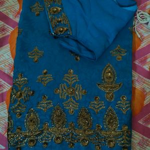 Peacock Blue Georgette Saree With Stitched Blouse