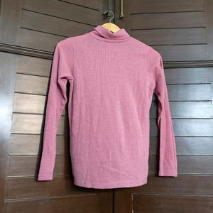 Women Pink Turtle Neck Full Sleeves Wool Sweater