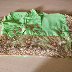 Parrot Green Sari With Blouse