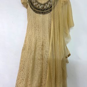 Golden Netted Anarkali Kurta With Shawl