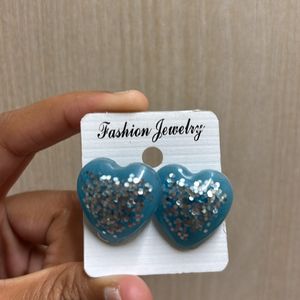 Heart Shape Glittered Earings In Blue Colour