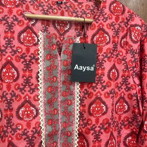 Red Floral Cotton Kurta For Women