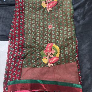 Green Net Cotton Embroidered Sari