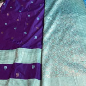 New Brinjal Violet N Ice Blue Semi Kanchi Silk