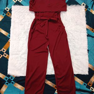 Maroon Jumpsuit with Black Pearl Accents