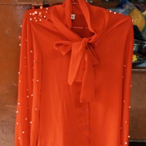 Red Top With Full Pearls Sleeves