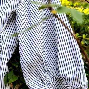 Blue Striped White Balloon Sleeve Top