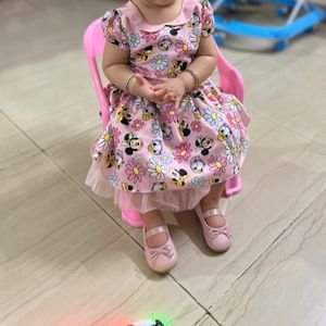 Cartoon Printed Pink Frock For Kid Girl