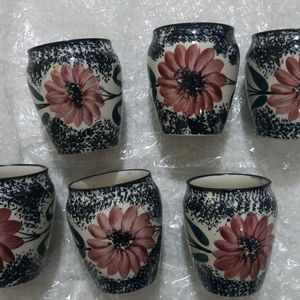 Rose Pink Flower Kullad Ceramic 6 Tea Cups