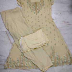 Light Yellow Embroidery Square Neck Kurta Set