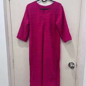 Bright Pink Self Embroidery kurti