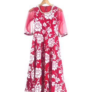 Red Velvet Floral Printed Dress