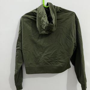 Roadster Olive Green Hooded Crop Sweatshirt For Wo