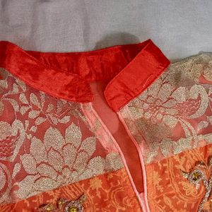 Coral Net And Satin Kurta Pyjama Set With Dupatta