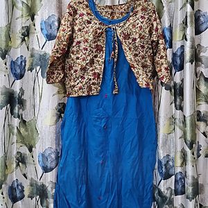 Blue Silk Sleeveless Kurta With Jacket