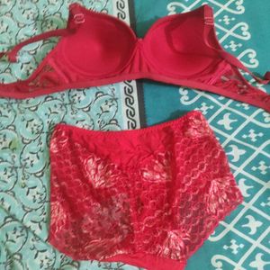 Red Combo Bra 34 B Panty Free Size