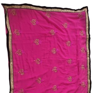 Heavy Embroidery Pink Saree With Velvet Border